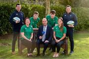 29 January 2020; Presenter Daire O'Brien with Ireland women's players Lindsay Peat, left, and Eimear Considine with, back row, from left to right, Ireland U20 head coach Noel McNamara, Ireland U20 players Mark Hernan, Brian Deeny and Ireland women's head coach Adam Griggs in attendance during the launch of RTÉ's Six Nations Coverage at the RTÉ Television Centre in Dublin. Photo by Matt Browne/Sportsfile