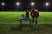 29 January 2020; Dublin City University student James Lawlor inspects the trophy plinth prior to the Sigerson Cup Final match between DCU Dóchas Éireann and IT Carlow at Dublin City University Sportsgrounds in Glasnevin, Dublin. Photo by Seb Daly/Sportsfile