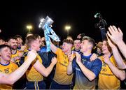 29 January 2020; Conor Morrison, centre, and Evan Comerford celebrate with team-mates following their side's victory of the Sigerson Cup Final match between DCU Dóchas Éireann and IT Carlow at Dublin City University Sportsgrounds in Glasnevin, Dublin. Photo by Seb Daly/Sportsfile