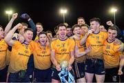 29 January 2020; DCU Dóchas Éireann captain Brendan McCole, centre, celebrates with team-mates following his side's victory of the Sigerson Cup Final match between DCU Dóchas Éireann and IT Carlow at Dublin City University Sportsgrounds in Glasnevin, Dublin. Photo by Seb Daly/Sportsfile