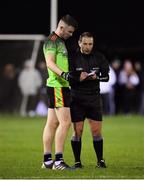 29 January 2020; Niall Hughes of IT Carlow is spoken to by referee Derek O'Mahony during the Sigerson Cup Final match between DCU Dóchas Éireann and IT Carlow at Dublin City University Sportsgrounds in Glasnevin, Dublin. Photo by Seb Daly/Sportsfile