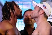 29 January 29 2020; WBO middleweight champion Demetrius Andrade and challenger Luke Keeler pose after weighing in for the January 30th Matchroom Boxing USA card at The Meridian in Miami, Florida, USA. Photo by Ed Mulholland/Matchroom Boxing USA via Sportsfile