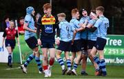 30 January 2020; Jack Boyle, second from right, of St Michael’s College celebrates with team-mates after scoring a try during the Bank of Ireland Leinster Schools Senior Cup First Round match between Temple Carrig School and St Michael's College at Lakelands Park in Terenure, Dublin. Photo by Sam Barnes/Sportsfile