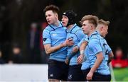 30 January 2020; Stephen Woods of St Michael’s College, second from left, celebrates with team-mates after scoring a try during the Bank of Ireland Leinster Schools Senior Cup First Round match between Temple Carrig School and St Michael's College at Lakelands Park in Terenure, Dublin. Photo by Sam Barnes/Sportsfile