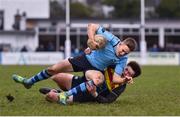 30 January 2020; Eddie Kelly of St Michael’s College is tackled by Cian Hingerty of Temple Carrig School during the Bank of Ireland Leinster Schools Senior Cup First Round match between Temple Carrig School and St Michael's College at Lakelands Park in Terenure, Dublin. Photo by Sam Barnes/Sportsfile