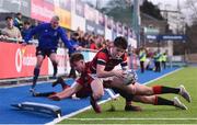 30 January 2020; Adam Galbraith of Wesley College is tackled by Daniel O'Neill of Kilkenny College on his way to scoring a try, which was subsequently disallowed, during the Bank of Ireland Leinster Schools Senior Cup First Round match between Kilkenny College and Wesley College at Energia Park in Dublin. Photo by Ben McShane/Sportsfile