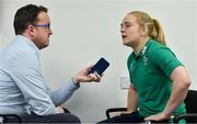 30 January 2020; Cliodhna Moloney is interviewed by RTE journalist Damien O'Meary during an Ireland Women's Rugby press conference at the IRFU High Performance Centre in Abbotstown, Dublin. Photo by Brendan Moran/Sportsfile
