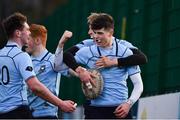 30 January 2020; James Nicholson of St Michael’s College, centre, celebrates with team-mates after scoring a try during the Bank of Ireland Leinster Schools Senior Cup First Round match between Temple Carrig School and St Michael's College at Lakelands Park in Terenure, Dublin. Photo by Sam Barnes/Sportsfile