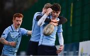 30 January 2020; James Nicholson of St Michael’s College, centre, celebrates with team-mates after scoring a try during the Bank of Ireland Leinster Schools Senior Cup First Round match between Temple Carrig School and St Michael's College at Lakelands Park in Terenure, Dublin. Photo by Sam Barnes/Sportsfile