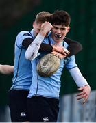30 January 2020; James Nicholson of St Michael’s College, right, celebrates with team-mate Niall Carroll after scoring a try during the Bank of Ireland Leinster Schools Senior Cup First Round match between Temple Carrig School and St Michael's College at Lakelands Park in Terenure, Dublin. Photo by Sam Barnes/Sportsfile