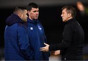 30 January 2020; Dundalk manager Vinny Perth speaks with Drogheda United manager Tim Clancy and assistant manager Kevin Doherty prior to the Jim Malone Cup match between Dundalk and Drogheda United at Oriel Park in Dundalk, Co Louth. Photo by Harry Murphy/Sportsfile
