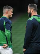 31 January 2020; Head coach Andy Farrell, right, in conversation with captain Jonathan Sexton during the Ireland Rugby captain's run at the Aviva Stadium in Dublin. Photo by Ramsey Cardy/Sportsfile