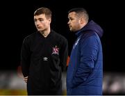 30 January 2020; Drogheda United manager Tim Clancy speaks with Daniel Kelly of Dundalk prior to the Jim Malone Cup match between Dundalk and Drogheda United at Oriel Park in Dundalk, Co Louth. Photo by Harry Murphy/Sportsfile
