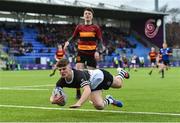 31 January 2020; Conor Halpenny of Newbridge College scores a try against CBC Monkstown Park during the Bank of Ireland Leinster Schools Senior Cup First Round match between CBC Monkstown Park and Newbridge College at Energia Park in Dublin. Photo by Matt Browne/Sportsfile