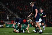 31 January 2020; Jack Crowley of Ireland goes over to score his side's first try despite the tackle of Kieran Watt of Scotland during the U20 Six Nations Rugby Championship match between Ireland and Scotland at Irish Independent Park in Cork. Photo by Harry Murphy/Sportsfile