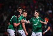 31 January 2020; Jack Crowley of Ireland celebrates after scoring his side's third try with team-mates including Mark Hernan, right, during the U20 Six Nations Rugby Championship match between Ireland and Scotland at Irish Independent Park in Cork. Photo by Harry Murphy/Sportsfile