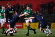 31 January 2020; Hayden Hyde of Ireland is tackled by Cameron Henderson, left, and Roan Frostwick of Scotland during the U20 Six Nations Rugby Championship match between Ireland and Scotland at Irish Independent Park in Cork. Photo by Harry Murphy/Sportsfile