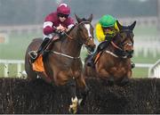 1 February 2020; Notebook, with Rachael Blackmore up, left, jumps the last on their way to winning The ERSG Arkle Novice Steeplechase from second place Cash Back, with Danny Mullins up, during Day One of the Dublin Racing Festival at Leopardstown Racecourse in Dublin. Photo by Matt Browne/Sportsfile
