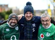 1 February 2020; Ireland supporters Ron Beare, from Kinslae, Cork, left, and Paddy Fahy, from Montenotte, Cork, right, with Scotland supporter Geroge Baird, from Kinsale, Cork, prior to the Guinness Six Nations Rugby Championship match between Ireland and Scotland at the Aviva Stadium in Dublin. Photo by Ramsey Cardy/Sportsfile
