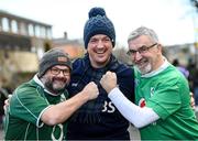 1 February 2020; Ireland supporters Ron Beare, from Kinslae, Cork, left, and Paddy Fahy, from Montenotte, Cork, right, with Scotland supporter Geroge Baird, from Kinsale, Cork, prior to the Guinness Six Nations Rugby Championship match between Ireland and Scotland at the Aviva Stadium in Dublin. Photo by Ramsey Cardy/Sportsfile