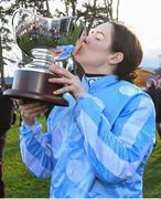 1 February 2020; Jockey Rachael Blackmore with the cup after winning the PCI Irish Champion Hurdle on Honeysuckle during Day One of the Dublin Racing Festival at Leopardstown Racecourse in Dublin. Photo by Matt Browne/Sportsfile