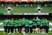1 February 2020; The Ireland team huddle prior to the Guinness Six Nations Rugby Championship match between Ireland and Scotland at the Aviva Stadium in Dublin. Photo by Brendan Moran/Sportsfile