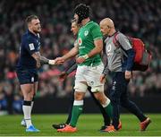 1 February 2020; Caelan Doris of Ireland shakes hands with Stuart Hogg of Scotland as he leaves the field with medical staff following a head injury during the Guinness Six Nations Rugby Championship match between Ireland and Scotland at the Aviva Stadium in Dublin. Photo by Seb Daly/Sportsfile