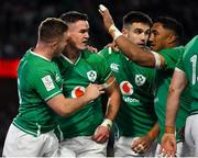 1 February 2020; Jonathan Sexton of Ireland, second from left, celebrates after scoring his side's first try with his team-mates, from left, Jordan Larmour, Conor Murray and Bundee Aki during the Guinness Six Nations Rugby Championship match between Ireland and Scotland at the Aviva Stadium in Dublin. Photo by Brendan Moran/Sportsfile