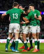 1 February 2020; Jonathan Sexton of Ireland celebrates after scoring his side's first try with his team-mates during the Guinness Six Nations Rugby Championship match between Ireland and Scotland at the Aviva Stadium in Dublin. Photo by Brendan Moran/Sportsfile