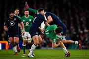 1 February 2020; Jacob Stockdale of Ireland is tackled by Nick Haining and Ali Price of Scotland during the Guinness Six Nations Rugby Championship match between Ireland and Scotland at the Aviva Stadium in Dublin. Photo by Brendan Moran/Sportsfile
