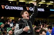 1 February 2020; An Ireland supporter celebrates during the Guinness Six Nations Rugby Championship match between Ireland and Scotland at the Aviva Stadium in Dublin. Photo by Ramsey Cardy/Sportsfile