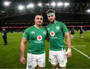 1 February 2020; Ireland debutants Rónan Kelleher, left, and Caelan Doris following the Guinness Six Nations Rugby Championship match between Ireland and Scotland at the Aviva Stadium in Dublin. Photo by Ramsey Cardy/Sportsfile