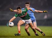 1 February 2020; Michael Plunkett of Mayo in action against Dan O'Brien of Dublin during the Allianz Football League Division 1 Round 2 match between Mayo and Dublin at Elverys MacHale Park in Castlebar, Mayo. Photo by Harry Murphy/Sportsfile