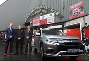16 January 2020; Bohemian FC take delivery of their new Mitsubishi Outlander PHEV kit car, as Mitsubishi Motors were announced as the clubs official vehicle partner. Pictured is, from left, Mark Clarke, Dealer Principal Westbrook Motors, Bohemian FC Manager Keith Long and Gerard Rice, Managing Director Mitsubishi Motors at Dalymount Park in Dublin. Photo by Harry Murphy/Sportsfile