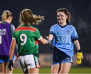1 February 2020; Kate Sullivan of Dublin and Sinead Cafferky of Mayo shake hands following the Lidl Ladies National Football League Division 1 Round 2 match between Mayo and Dublin at Elverys MacHale Park in Castlebar, Mayo. Photo by Harry Murphy/Sportsfile