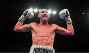 1 February 2020; Sean McComb celebrates after defeating Mauro Maximiliano Godoy in their super-lightweight bout at the Ulster Hall in Belfast. Photo by David Fitzgerald/Sportsfile