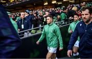 1 February 2020; Jordan Larmour of Ireland makes his way onto the pitch prior to the Guinness Six Nations Rugby Championship match between Ireland and Scotland at the Aviva Stadium in Dublin. Photo by Brendan Moran/Sportsfile