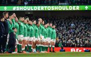 1 February 2020; The Ireland team stand for Amhrán na bhFiann prior to the Guinness Six Nations Rugby Championship match between Ireland and Scotland at the Aviva Stadium in Dublin. Photo by Brendan Moran/Sportsfile
