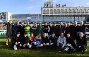 2 February 2020; RTÉ presenter Robert Hall with the jockeys prior to the start of Day Two of the Dublin Racing Festival at Leopardstown Racecourse in Dublin. Photo by Harry Murphy/Sportsfile