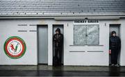2 February 2020; Kilkenny supporters Brian Hayes, left, and Bobby Wise shelter from torrential rain in unopened turnstiles prior to gates opening before the Allianz Hurling League Division 1 Group B Round 2 match between Carlow and Kilkenny at Netwatch Cullen Park in Carlow. Photo by David Fitzgerald/Sportsfile