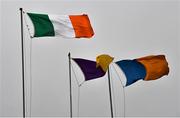 2 February 2020; The Tricolour, Wexford and Clare flags flutter in the strong wind before the Allianz Hurling League Division 1 Group B Round 2 match between Wexford and Clare at Chadwicks Wexford Park in Wexford. Photo by Ray McManus/Sportsfile