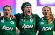 2 February 2020; Edel McMahon, left, Anna Caplice, centre, and Kathryn Dane of Ireland during the National Anthem at the Women's Six Nations Rugby Championship match between Ireland and Scotland at Energia Park in Donnybrook, Dublin. Photo by Ramsey Cardy/Sportsfile