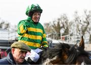 2 February 2020; Barry Geraghty celebrates on A Wave Of The Sea after winning the Tattersalls Ireland Spring Juvenile Hurdle on Day Two of the Dublin Racing Festival at Leopardstown Racecourse in Dublin. Photo by Harry Murphy/Sportsfile