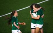 2 February 2020; Beibhinn Parsons, right, celebrates with Ireland team-mates Nicole Cronin, left, and Lauren Delany after scoring her side's third try during the Women's Six Nations Rugby Championship match between Ireland and Scotland at Energia Park in Donnybrook, Dublin. Photo by Ramsey Cardy/Sportsfile