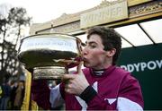 2 February 2020; Jack Kennedy with the cup after winning the Paddy Power Irish Gold Cup on Day Two of the Dublin Racing Festival at Leopardstown Racecourse in Dublin. Photo by Harry Murphy/Sportsfile