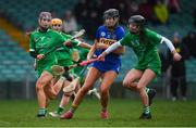 2 February 2020; Ciardha Maher of Tipperary in action against Neamh Curtin and Mairead Ryan of Limerick during the Littlewoods Ireland National Camogie League Division 1 match between Limerick and Tipperary at LIT Gaelic Grounds in Limerick. Photo by Diarmuid Greene/Sportsfile