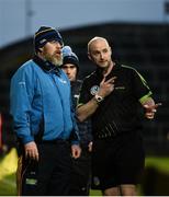 2 February 2020; Referee Andrew Larkin speaks with Tipperary manager Bill Mullaney after some confusion over the actual scoreline versus the scoreline displayed on the scoreboard during the second half of the Littlewoods Ireland National Camogie League Division 1 match between Limerick and Tipperary at LIT Gaelic Grounds in Limerick. Photo by Diarmuid Greene/Sportsfile
