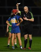 2 February 2020; Referee Andrew Larkin issues a yellow card to Karin Blair of Tipperary during the Littlewoods Ireland National Camogie League Division 1 match between Limerick and Tipperary at LIT Gaelic Grounds in Limerick. Photo by Diarmuid Greene/Sportsfile