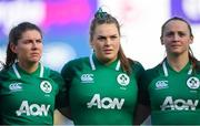 2 February 2020; Ellen Murphy, left, Beibhinn Parsons, centre, and Michelle Claffey of Ireland ahead of the Women's Six Nations Rugby Championship match between Ireland and Scotland at Energia Park in Donnybrook, Dublin. Photo by Ramsey Cardy/Sportsfile