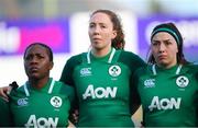 2 February 2020; Linda Djougang, left, Aoife McDermott, centre, and Nichola Fryday of Ireland ahead of the Women's Six Nations Rugby Championship match between Ireland and Scotland at Energia Park in Donnybrook, Dublin. Photo by Ramsey Cardy/Sportsfile